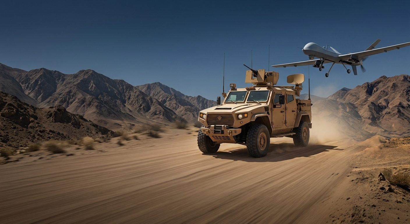 A protected patrol vehicle moving through desert terrain with an unmanned aerial system overhead